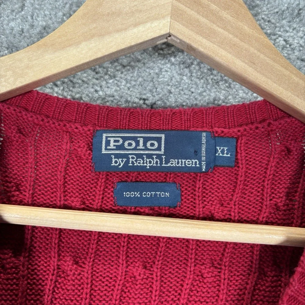 Vintage Polo Ralph Lauren Sweater Vest Mens XL Red Cable Knit‎ V Neck Preppy 90s